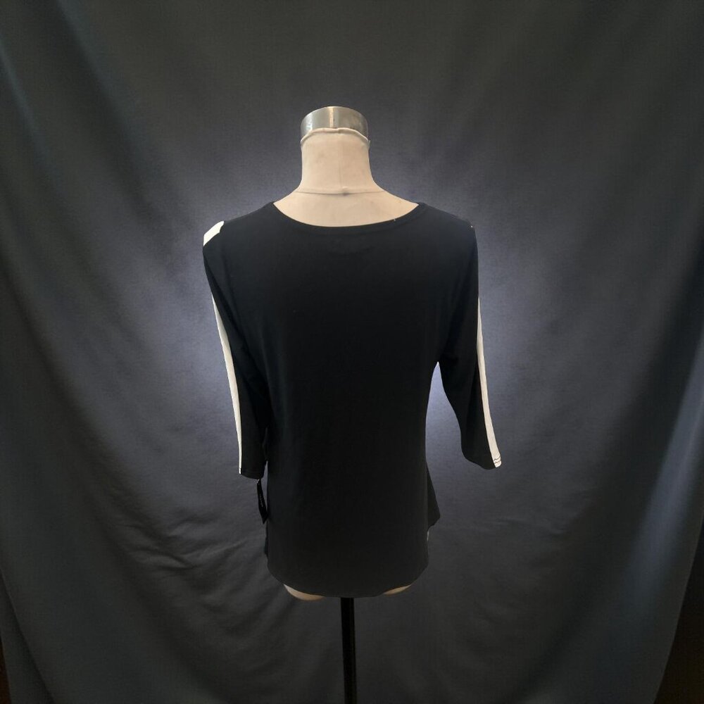 NEW Alfani Womens Petite Large Black Striped 3/4 Sleeve Top Tunic Blouse Shirt